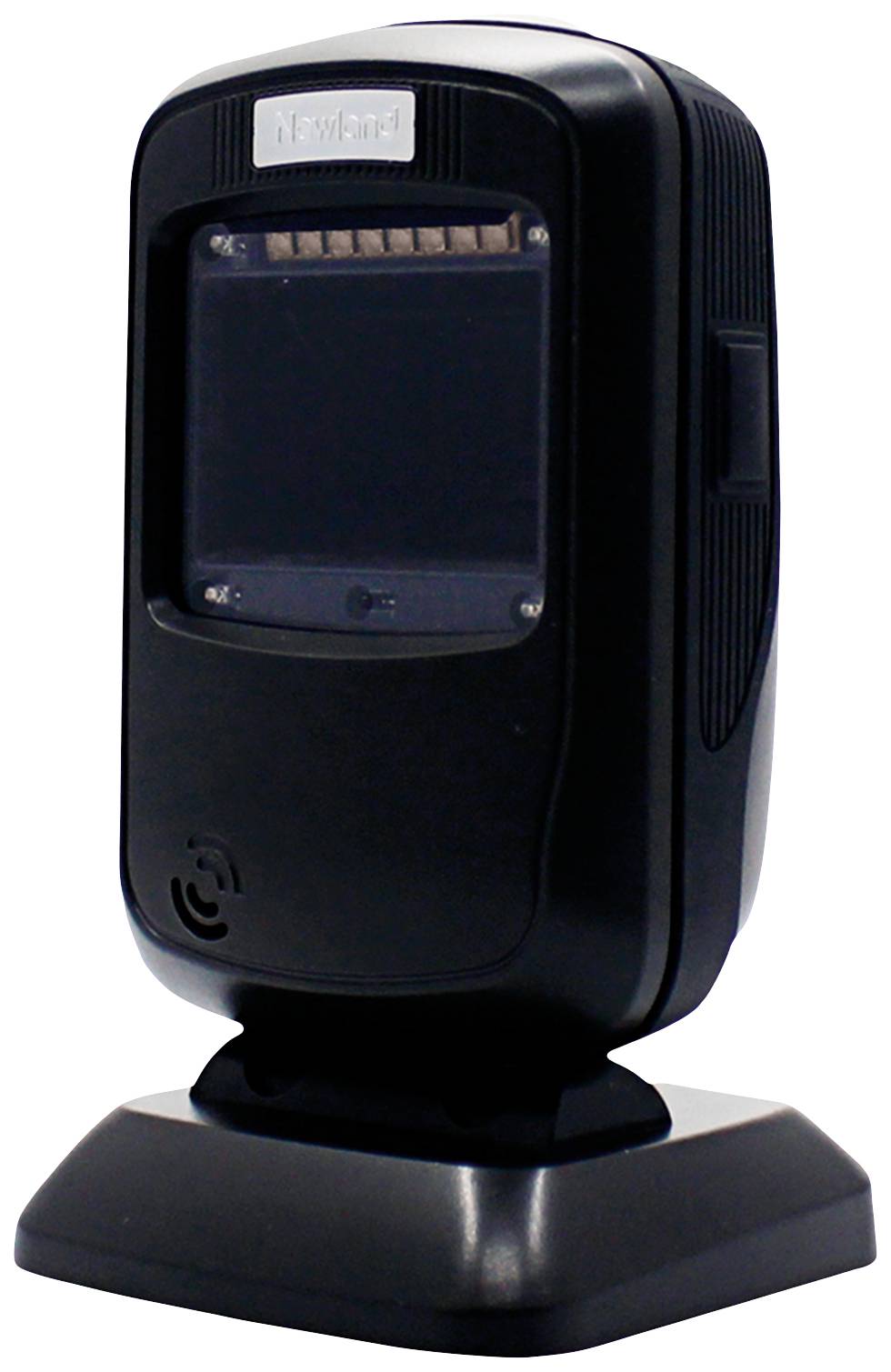 Ein schwarzer, vertikaler Barcodescanner auf einem Sockel, verwendet für das Scannen von QR-Codes und Barcodes in Geschäften oder Büros.