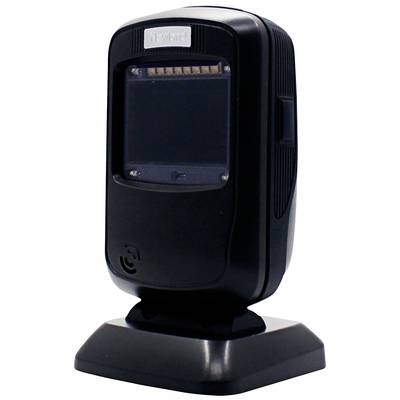 Ein schwarzer, vertikaler Barcodescanner auf einem Sockel, verwendet für das Scannen von QR-Codes und Barcodes in Geschäften oder Büros.