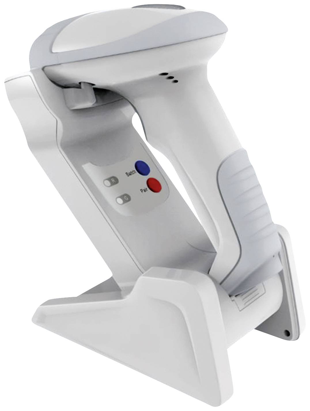 Ein weißer, kabelloser Barcode-Scanner in einer Ladestation mit roten und blauen Tasten am Griff.