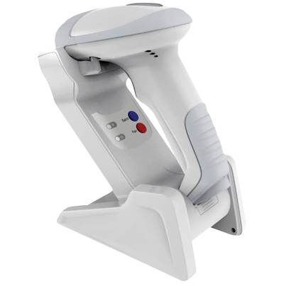 Ein weißer, kabelloser Barcode-Scanner in einer Ladestation mit roten und blauen Tasten am Griff.