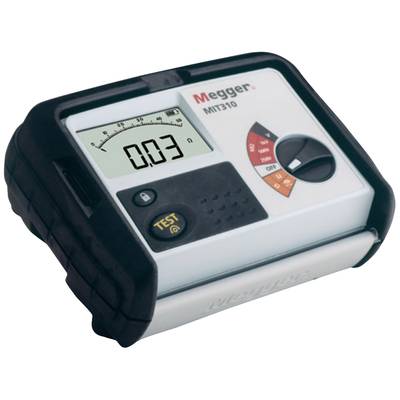 Elektrisches Testgerät mit analoger Skala, digitalem Display und Drehschalter. Anzeige: '0.03'. Tasten für Test und Einstellungen.
