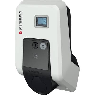 Weißes Ladegerät für Elektrofahrzeuge von Mennekes mit digitalem Display und Anschlussfach.