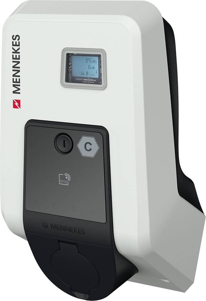 Elektroladestation an der Wand montiert mit digitalem Display und MENNEKES-Logo.