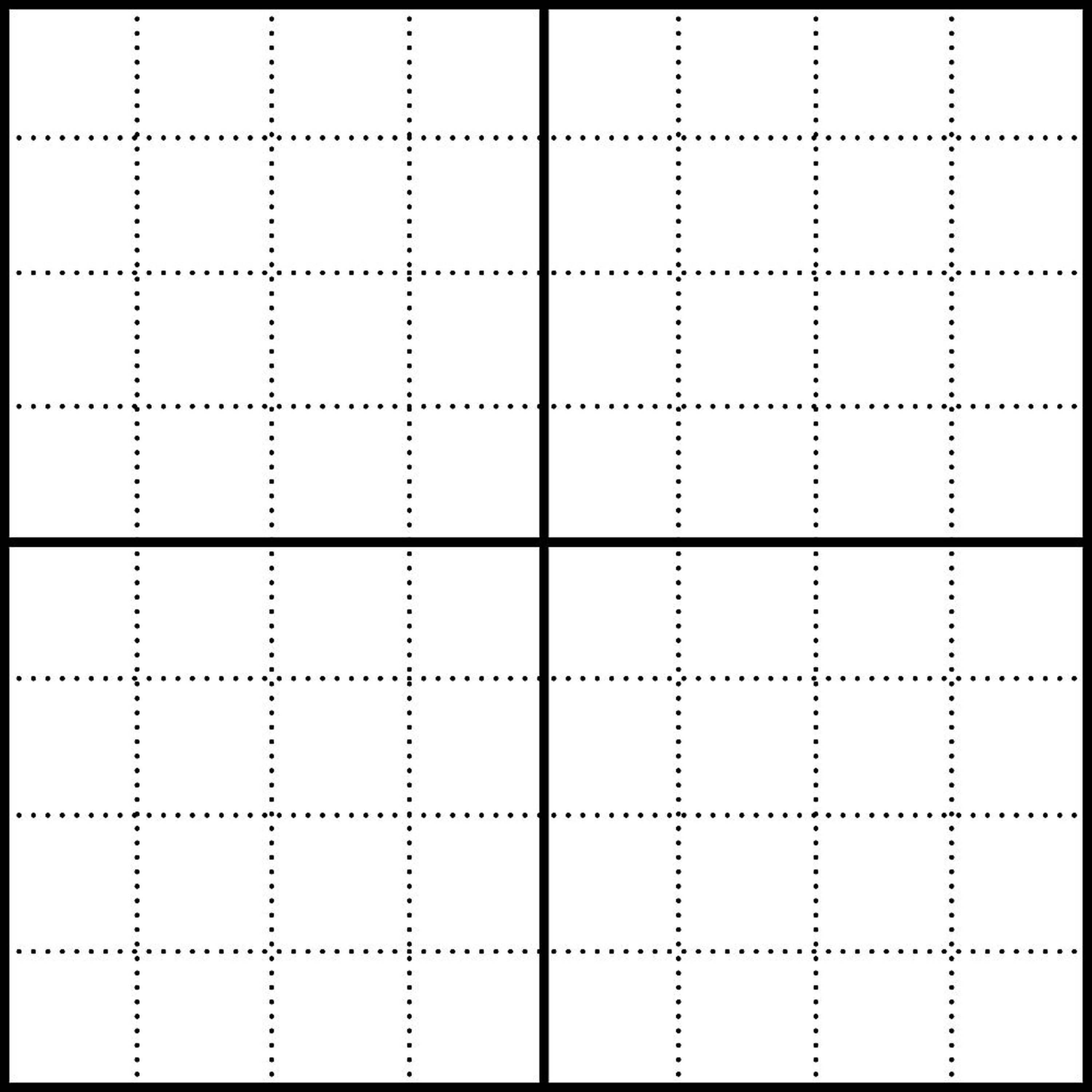 Ein leeres, symmetrisches Raster besteht aus vier Quadraten, die jeweils in 3x3 kleinere Quadrate unterteilt sind.