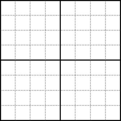 Ein leeres, symmetrisches Raster besteht aus vier Quadraten, die jeweils in 3x3 kleinere Quadrate unterteilt sind.