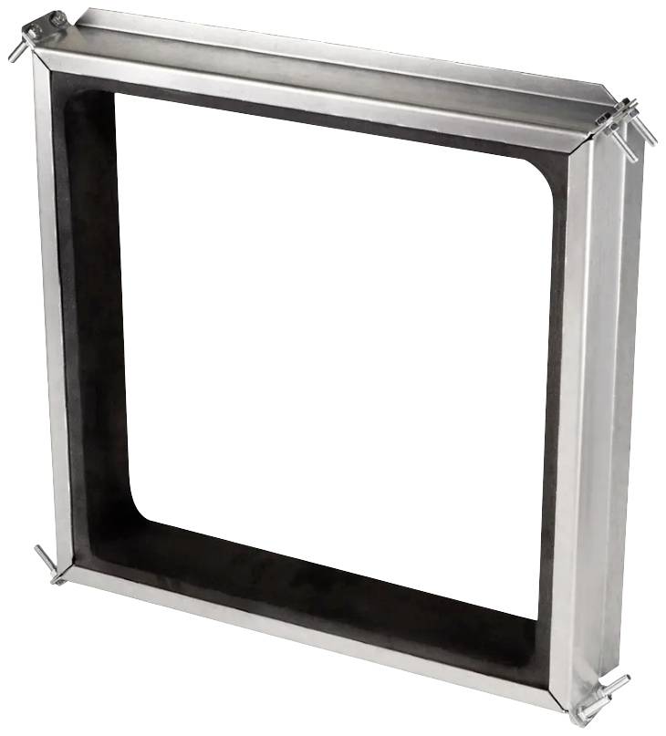 Ein quadratischer Metallrahmen mit abgerundeten Ecken und Klammern an den Außenseiten.