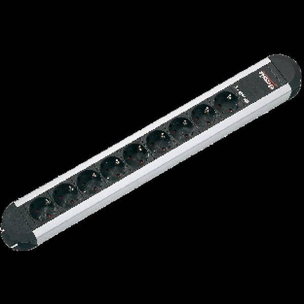 Eine schwarze Mehrfachsteckdose mit acht Schuko-Steckplätzen. Ideal für den Anschluss mehrerer Geräte.