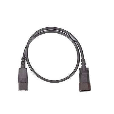 Ein schwarzes elektrisches Kabel, das auf einer ebenen Fläche liegt. An jedem Ende befinden sich unterschiedliche Anschlussstecker.