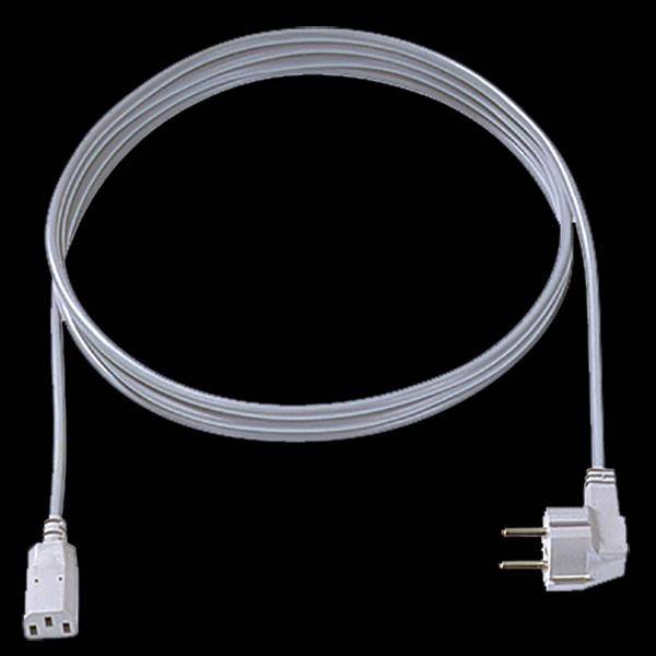 Ein weißes Netzkabel mit einem zweipoligen Stecker und einer Kupplung auf einem schwarzen Hintergrund, aufgerollt zu einem Kreis.