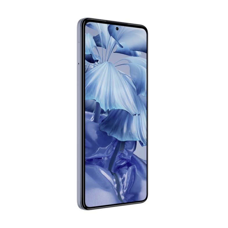 Ein modernes Smartphone mit einem Display, das ein Bild von blauen Blumen zeigt. Das Gehäuse ist schlank und minimalistisch designt.