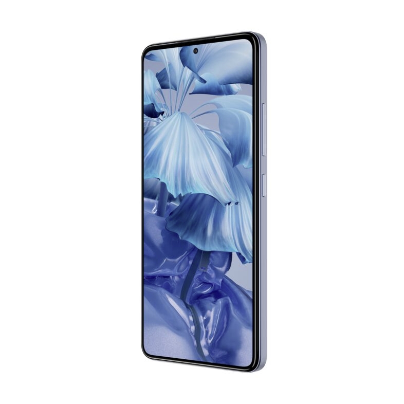 Ein modernes Smartphone mit blauem Bildschirm zeigt stilisierte Blumen in kräftigen Blautönen. Das Design wirkt elegant und futuristisch.