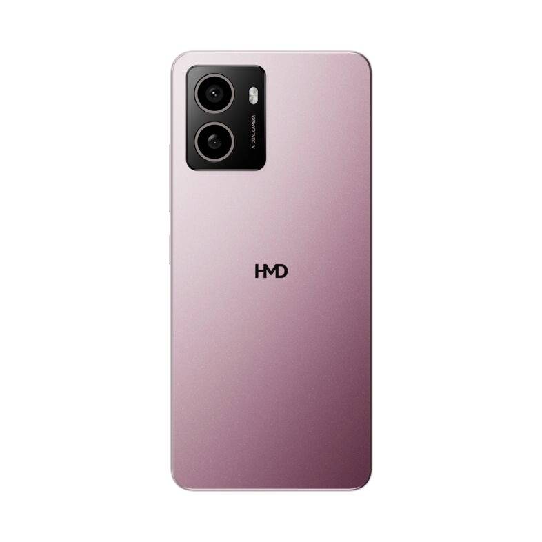 Ein rosa Smartphone von hinten, mit zwei Kameralinsen und dem Logo.