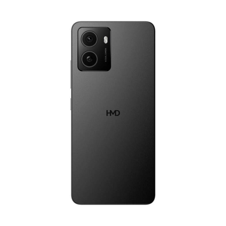 Ein schwarzes Smartphone von HMD mit zwei Kameralinsen und Blitz auf der Rückseite.