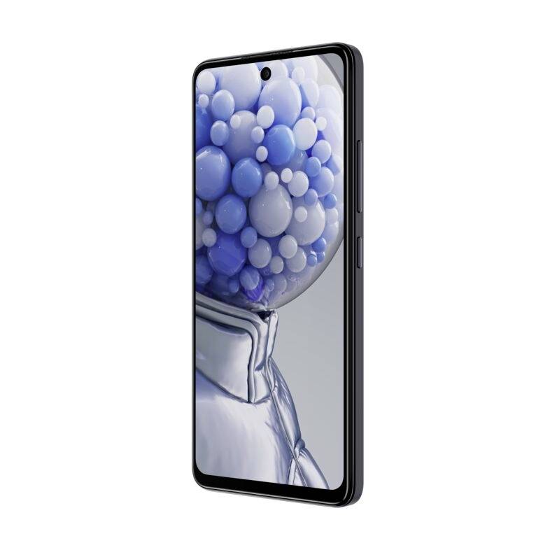 Smartphone mit farbenfrohem Kugelmotiv auf dem Display, seitliche Ansicht.