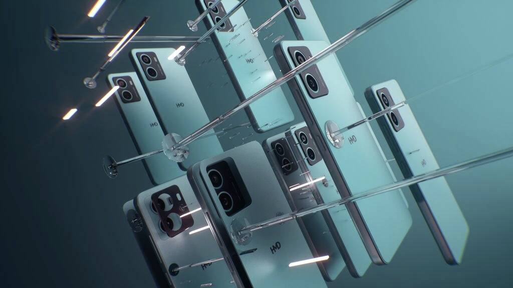 Mehrere schwebende Smartphones in blauen und silbernen Farbtönen, die futuristisch angeordnet sind und technische Details hervorheben.