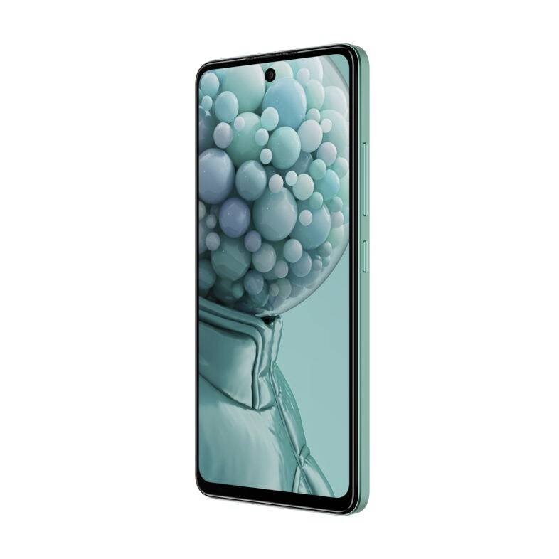 Smartphone in mintgrün mit randlosem Display. Auf dem Bildschirm ist eine abstrakte Kunst mit grünen und blauen Kugeln zu sehen.
