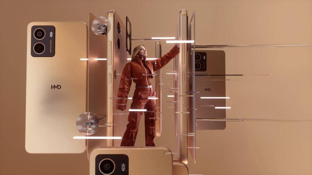 Eine Person in orangener Kleidung steht zwischen mehreren vertikalen Smartphones in einem futuristischen, orangefarbenen Raum.