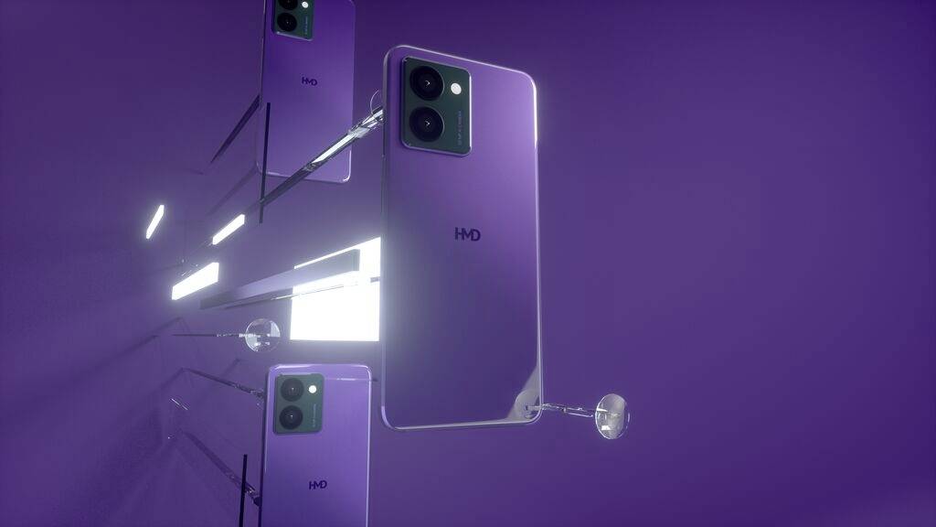 Lila Smartphone in futuristischer Umgebung mit Spiegelungen. Rückseite zeigt zwei Kameras. Markenlogo sichtbar.