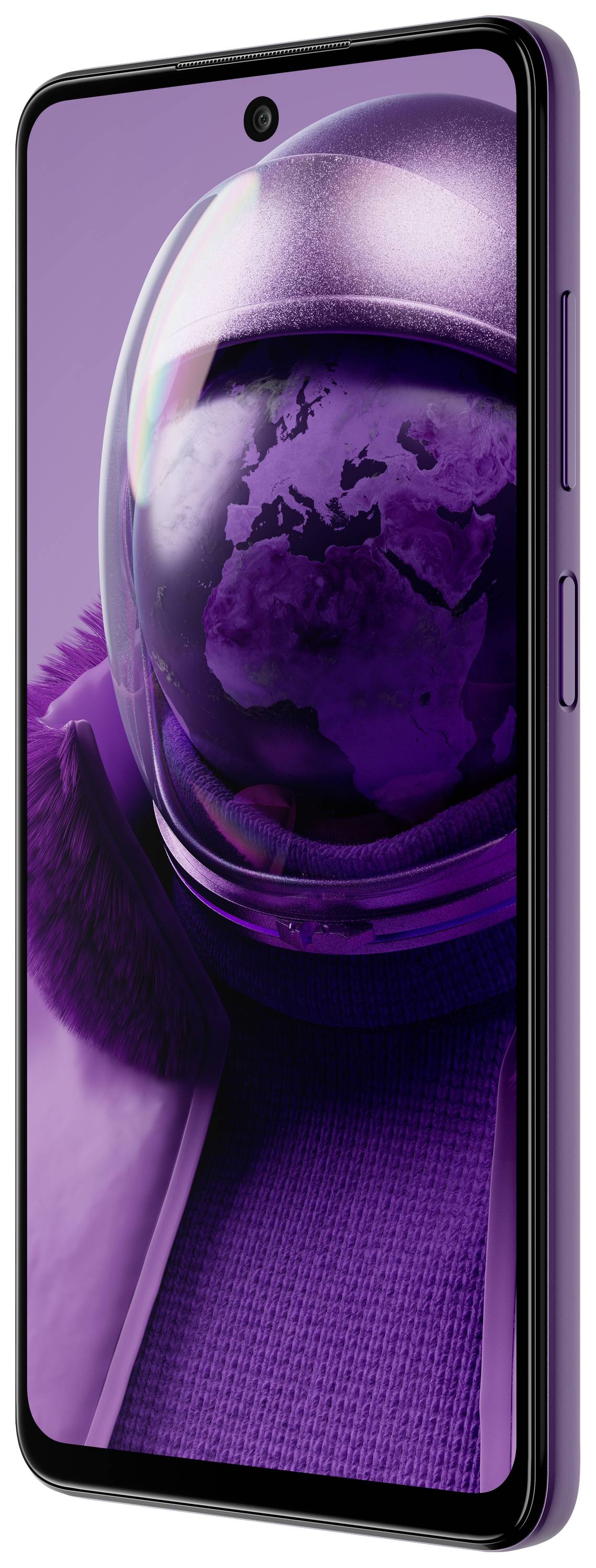 Smartphone mit lila Hintergrund, darauf ein Astronautenhelm, der die Erde in lila zeigt. Rückseite mit strukturiertem Design.