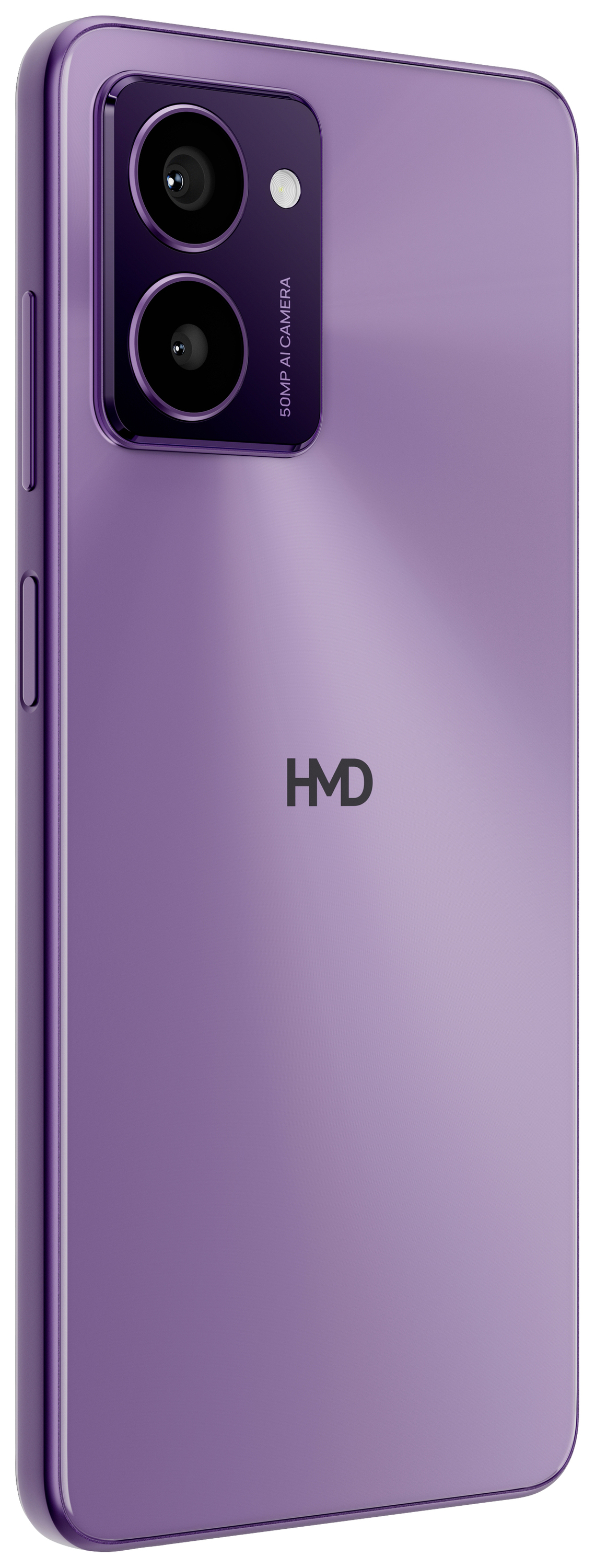 Lila Smartphone-Rückseite mit zwei Kameralinsen links oben und einem HMD-Logo in der Mitte.