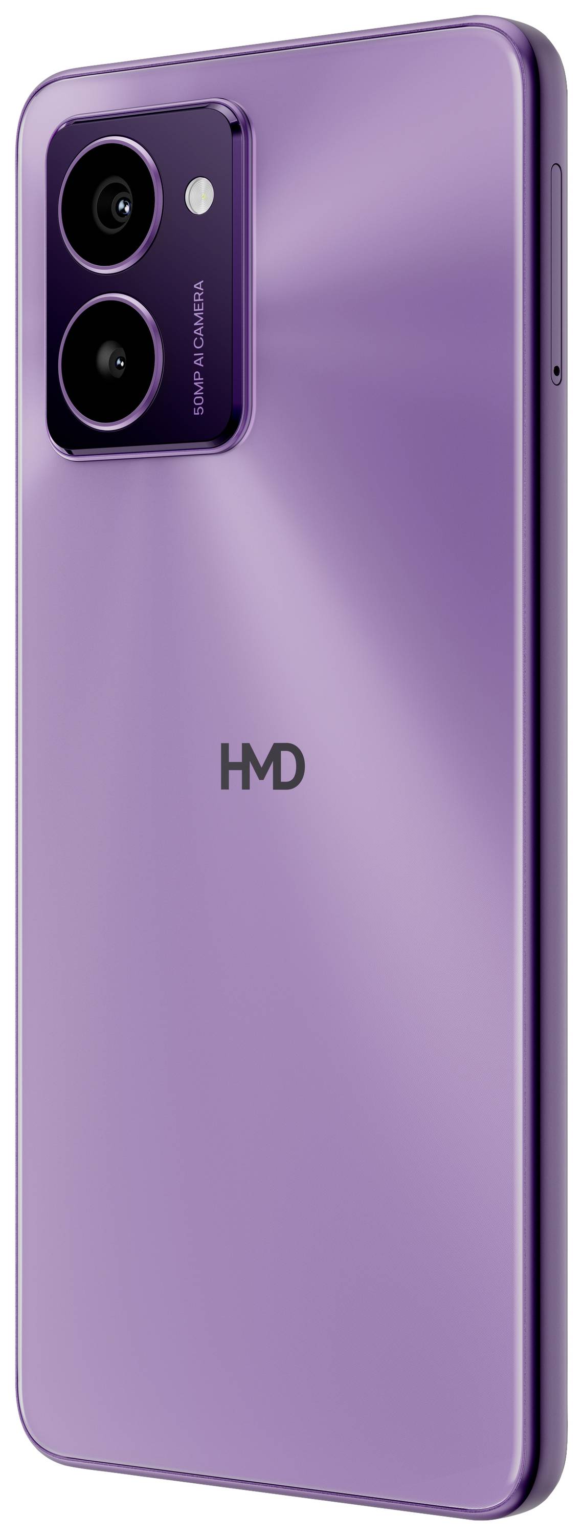 Ein lilafarbenes Smartphone mit zwei Kameralinsen auf der Rückseite. Das Logo 'HMD' ist mittig auf dem Gerät platziert.