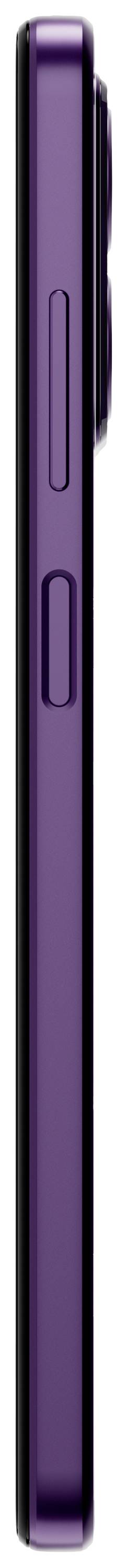 Seitenansicht eines schlanken, lila Smartphones mit zwei Tasten auf der linken Seite.