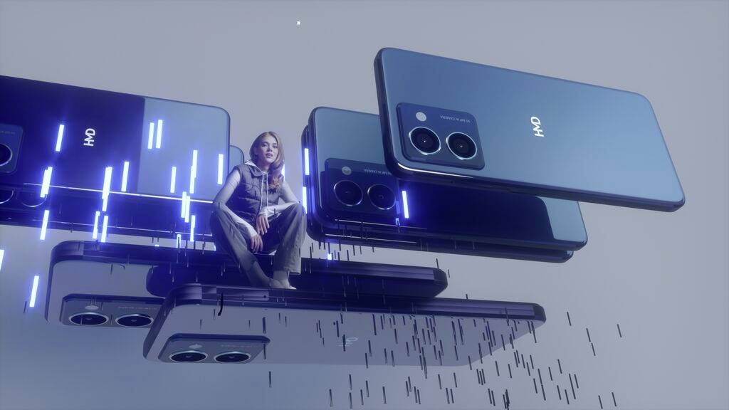 Eine Person sitzt auf übergroßen Smartphones, die in einer futuristischen Umgebung schweben. Beleuchtung betont die Geräte.