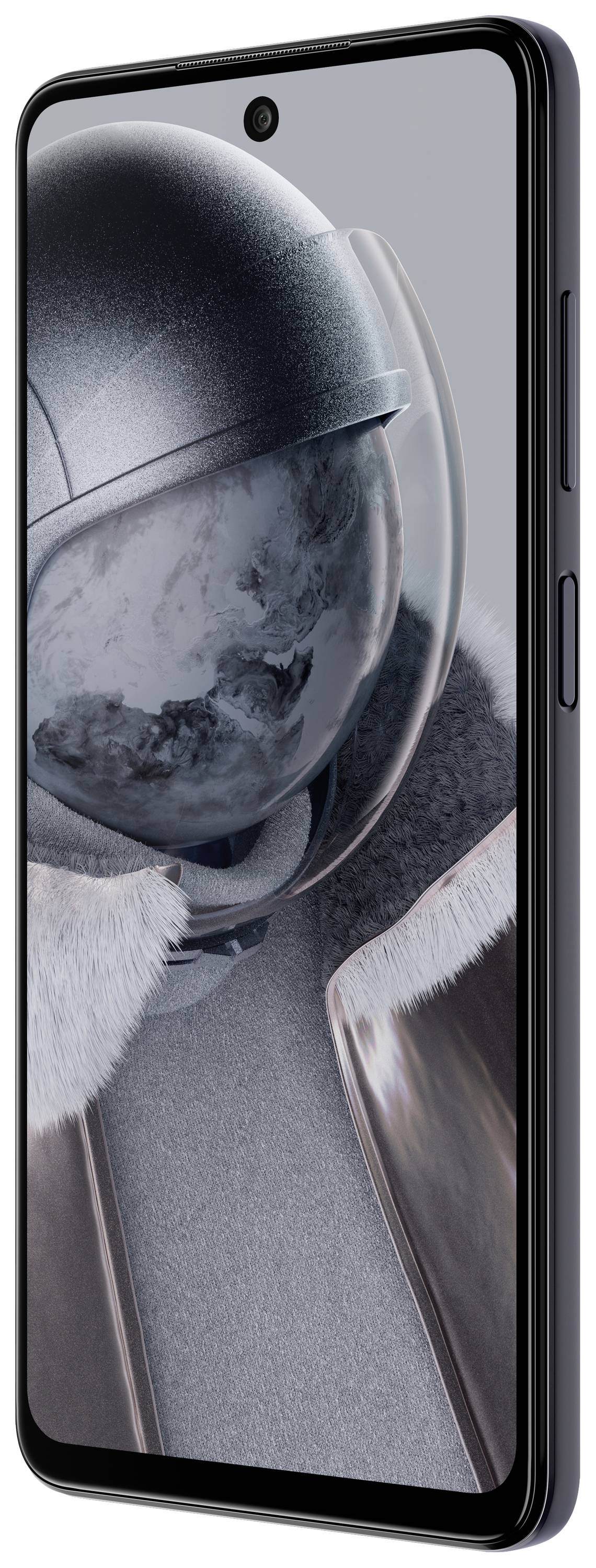 Smartphone in Profilansicht mit Bild eines futuristischen Helmes auf dem Bildschirm, das modern und stilvoll wirkt.