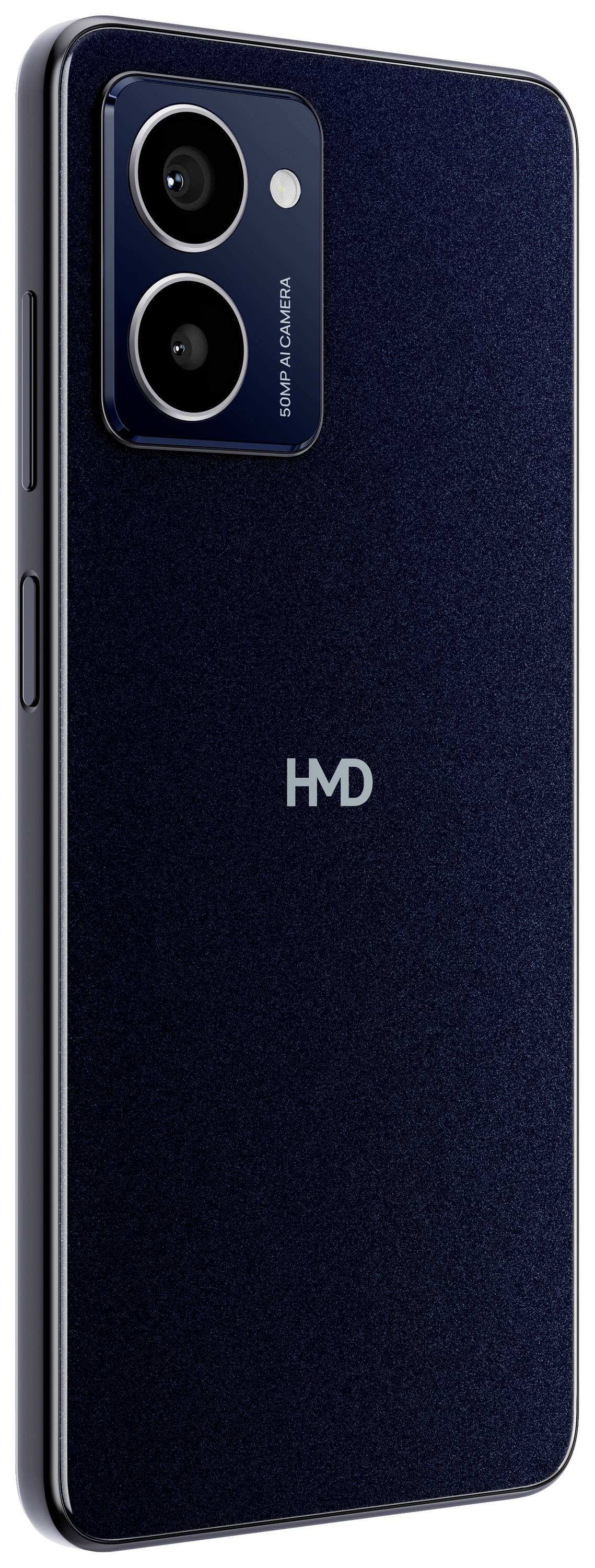 Ein Smartphone mit zwei Kameras auf der Rückseite, dunkelblau, seitliche Lautstärkeregler. Markierung 'HMD' in der Mitte.