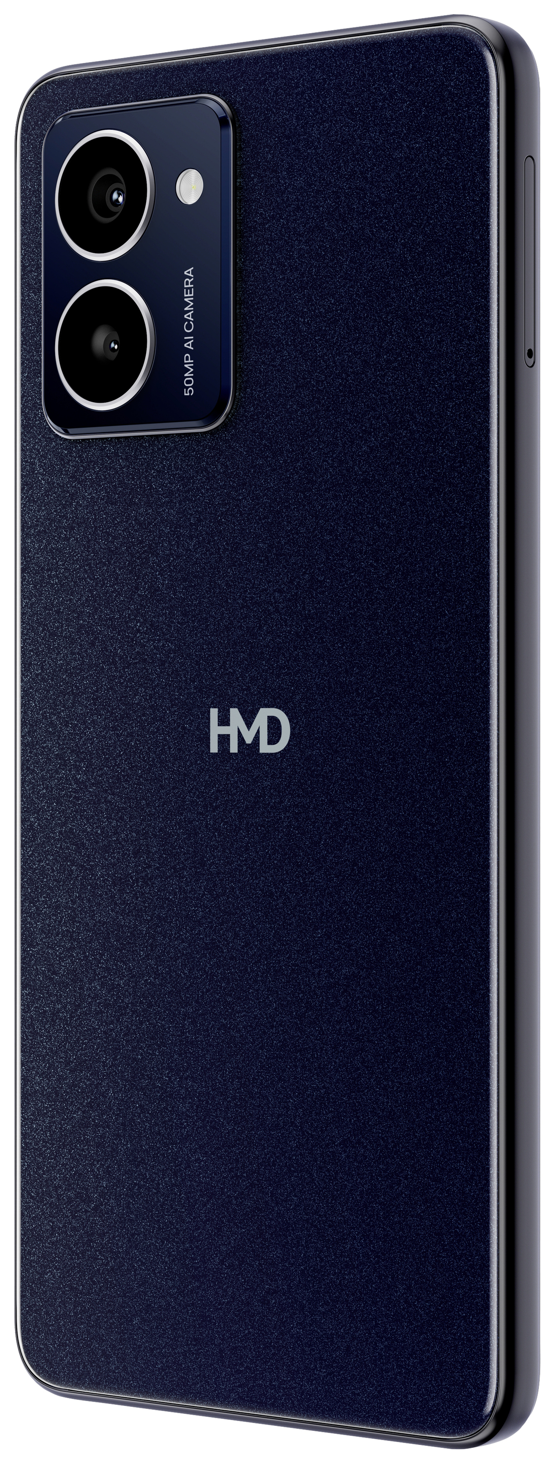 Ein dunkles Smartphone mit zwei Kameras auf der Rückseite, beschriftet mit '50MP AI Kamera', und einem schlichten, modernen Design.