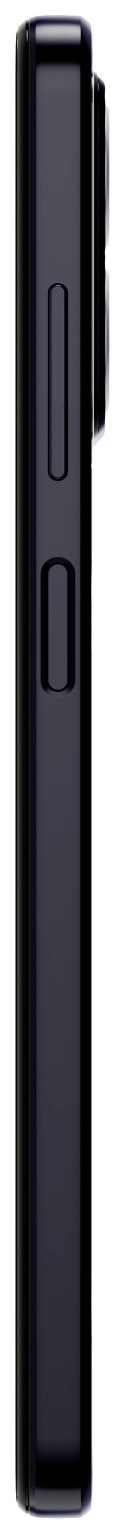 Schwarze Smartphone-Seitenansicht mit sichtbar herausstehenden Tasten und Kameraobjektiv, minimalistisch gehalten.