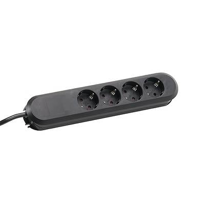 Eine schwarze Steckdosenleiste mit vier Schuko-Steckplätzen, geeignet für den Anschluss mehrerer elektrischer Geräte.