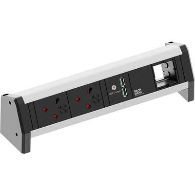 Schwarze Mehrfachsteckdose mit zwei Steckplätzen und zwei USB-Anschlüssen, montiert auf einem schrägen, weißen Gehäuse.