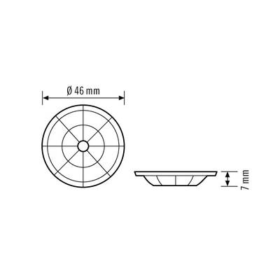 'Diagramm eines runden Objekts mit 46 mm Durchmesser und 7 mm Höhe, Seiten- und Draufsicht.'