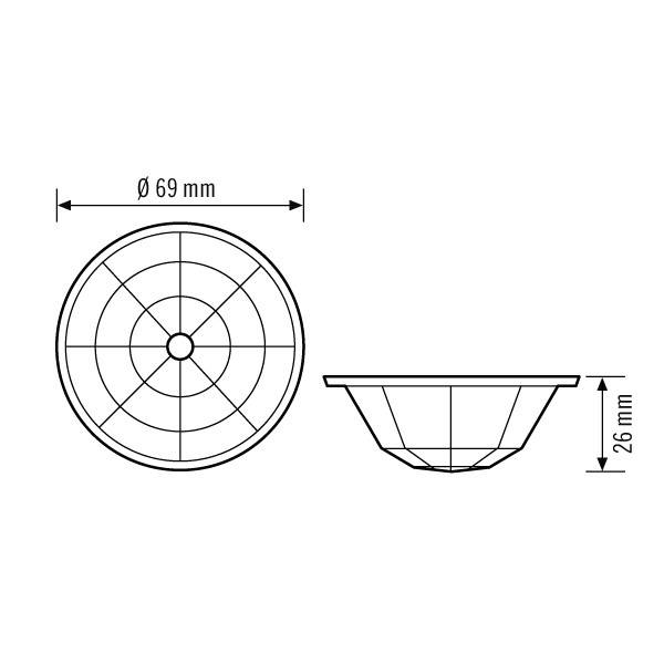 Abbildung zeigt technisches Diagramm eines kreisförmigen Objekts mit 69 mm Durchmesser und 26 mm Höhe in Seiten- und Draufsicht.