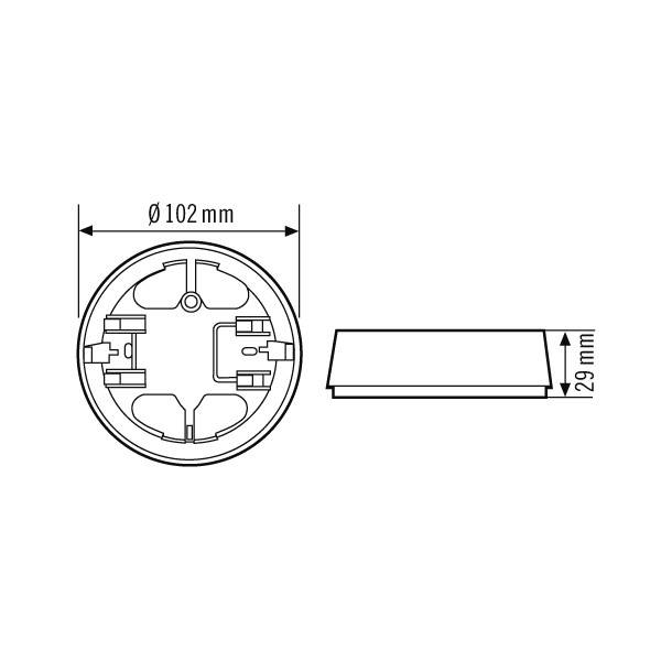 Technische Zeichnung eines runden Bauteils mit einem Durchmesser von 102 mm und einer Höhe von 29 mm, Seitenansicht rechts.
