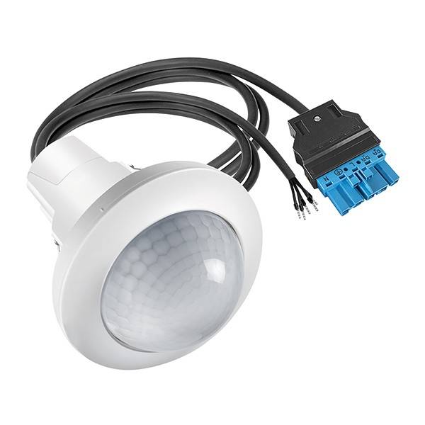 Ein runder Bewegungssensor mit Kabel und Anschluss, geeignet für die Installation in Decken, zur Erkennung von Bewegung und automatischer Steuerung von Beleuchtungssystemen.
