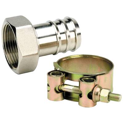 Metallverbindungselemente: Ein silbernes Anschlussstück und eine goldene Schlauchschelle.