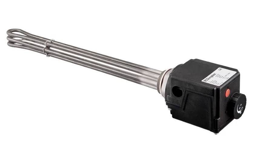 Ein Heizstab mit einem schwarzen Gehäuse und Kontrollknöpfen. Er wird zur Erwärmung von Flüssigkeiten genutzt.