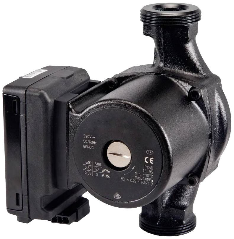 Schwarze Wasserpumpe mit seitlichem Motor und Anschlüssen. Beschriftungen zeigen Spannung (230V), Frequenz (50Hz) und Leistungsspezifikationen.
