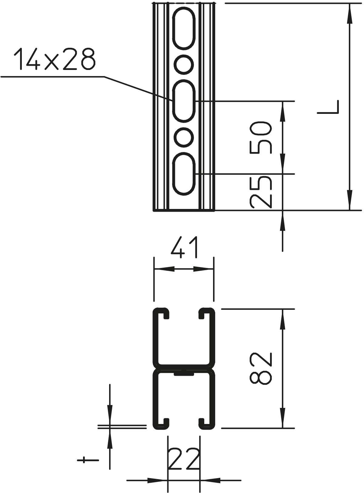 Technische Zeichnung eines Stahlprofils mit Maßen: 14x28, 41 Breite, 82 Höhe, 22 Tiefe. Zeigt Längen und Lochpositionen.