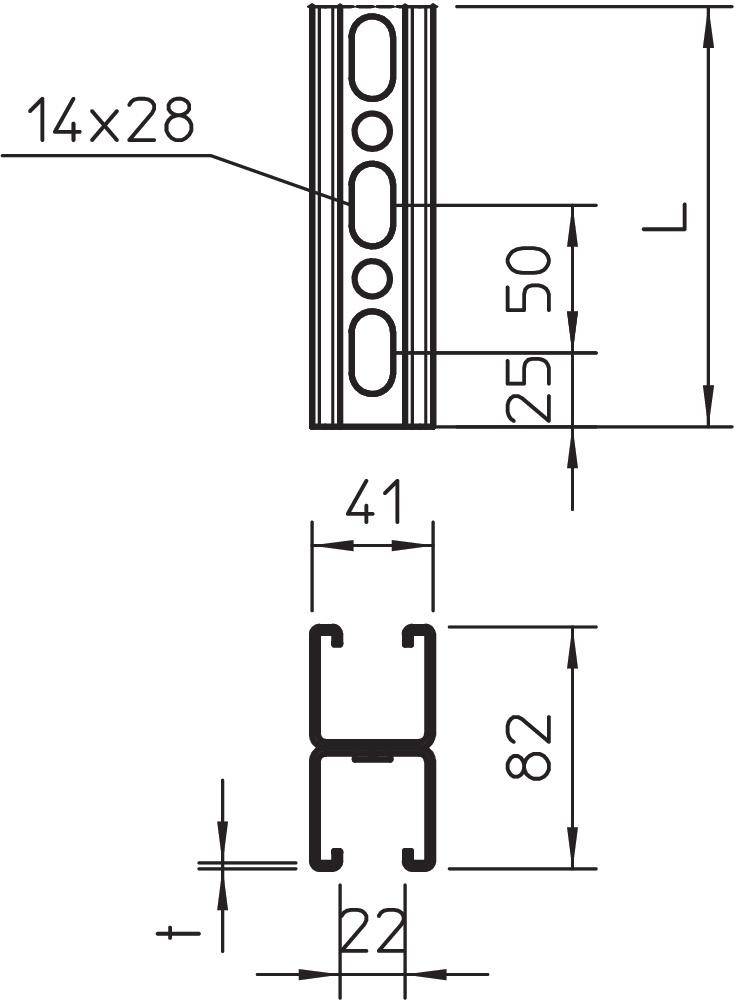 Technische Zeichnung eines Aluminiumprofils mit Maßen: 14x28 für die Bohrungen, Länge L, Breite 41, Höhe 82, Tiefe 22 mm.