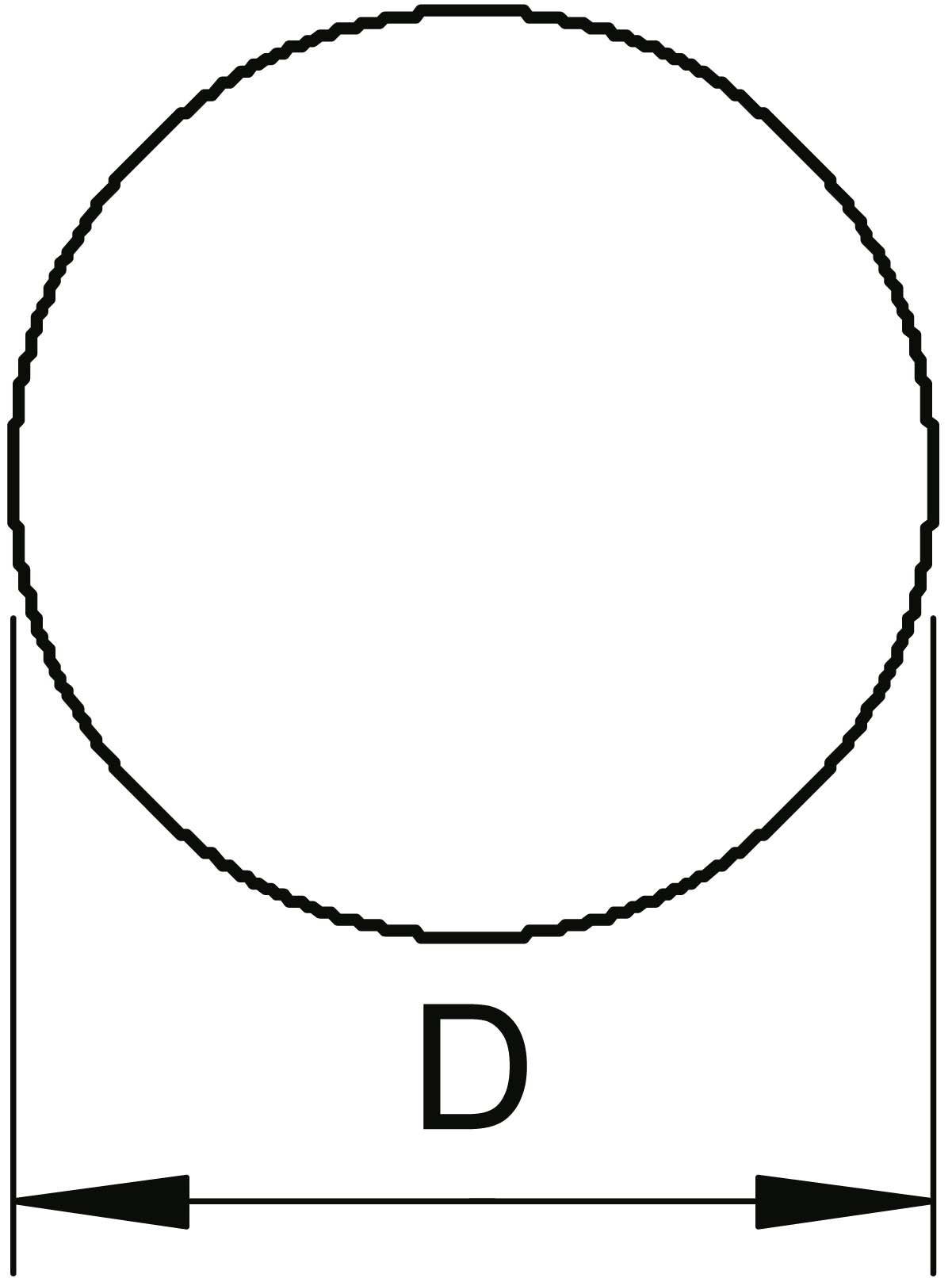 Diagramm eines Kreises mit dem Durchmesser 'D' gekennzeichnet, Pfeile zeigen in entgegengesetzte Richtungen entlang des Durchmessers.
