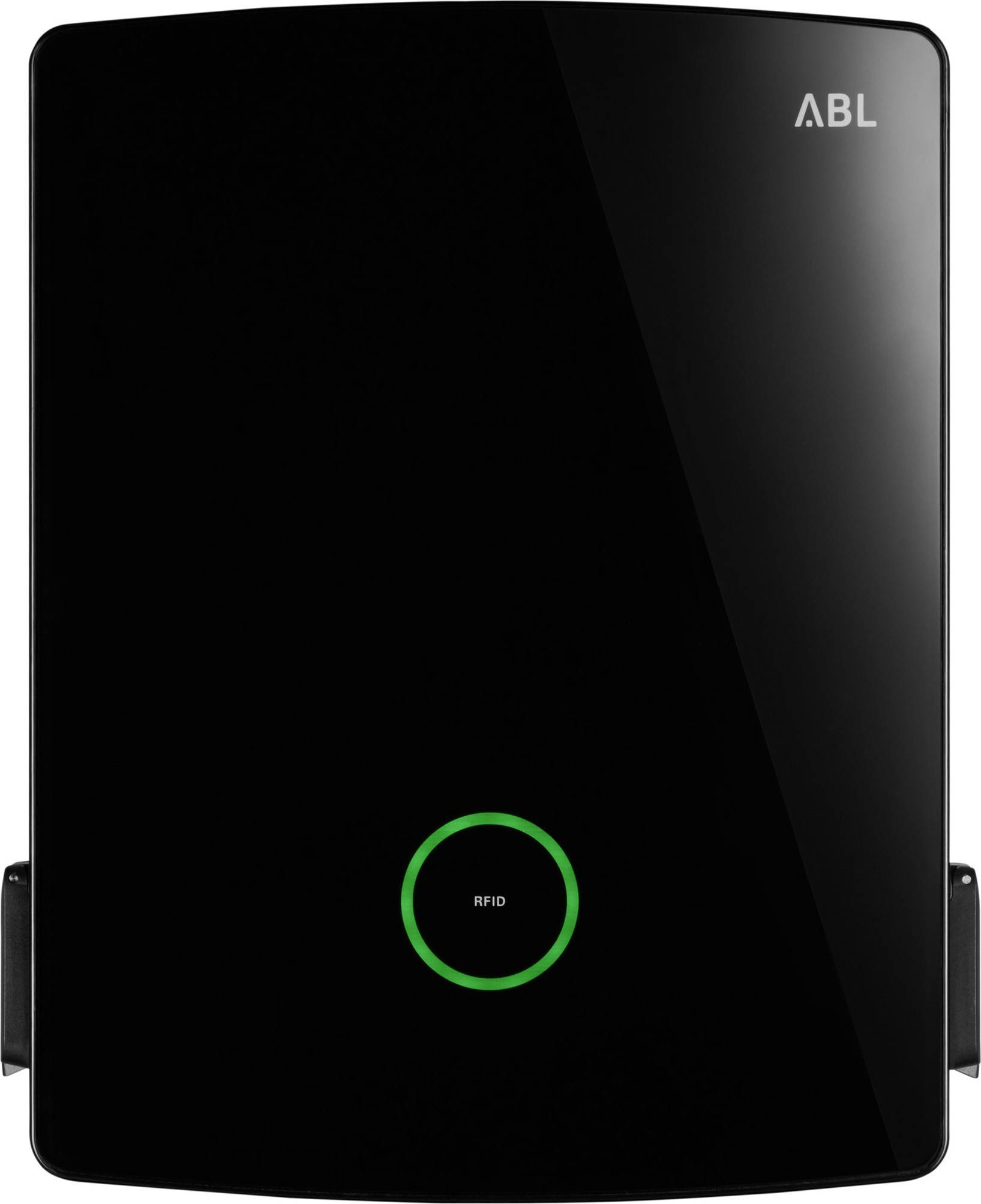 Schwarze Ladesäule mit grünem Leuchtring und der Aufschrift 'RFID'. Markenname 'ABL' oben rechts.
