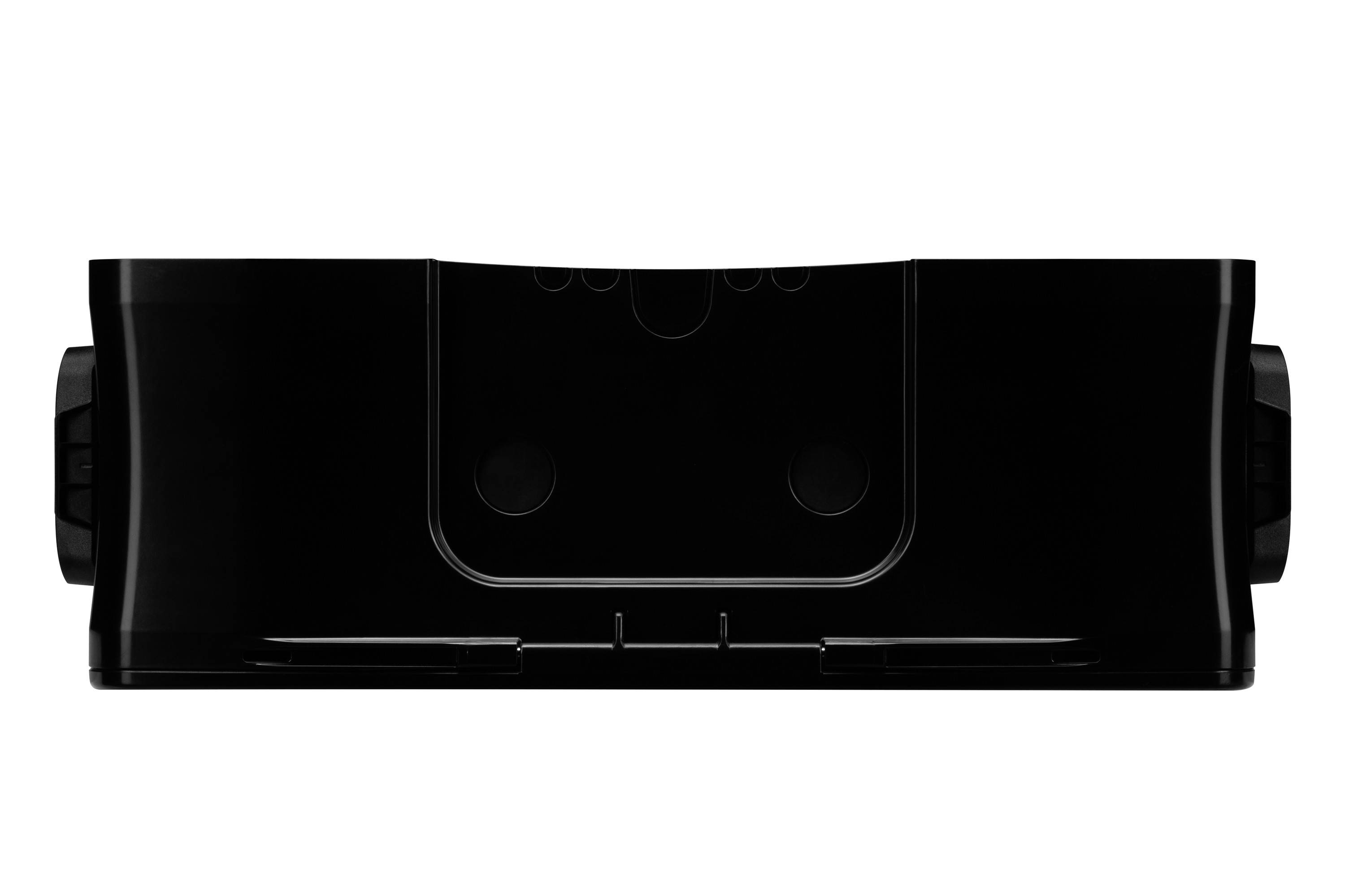 Eine schwarze, rechteckige Box mit abgerundeten Kanten, frontal fotografiert, zeigt keine sichtbaren Details oder Beschriftungen.