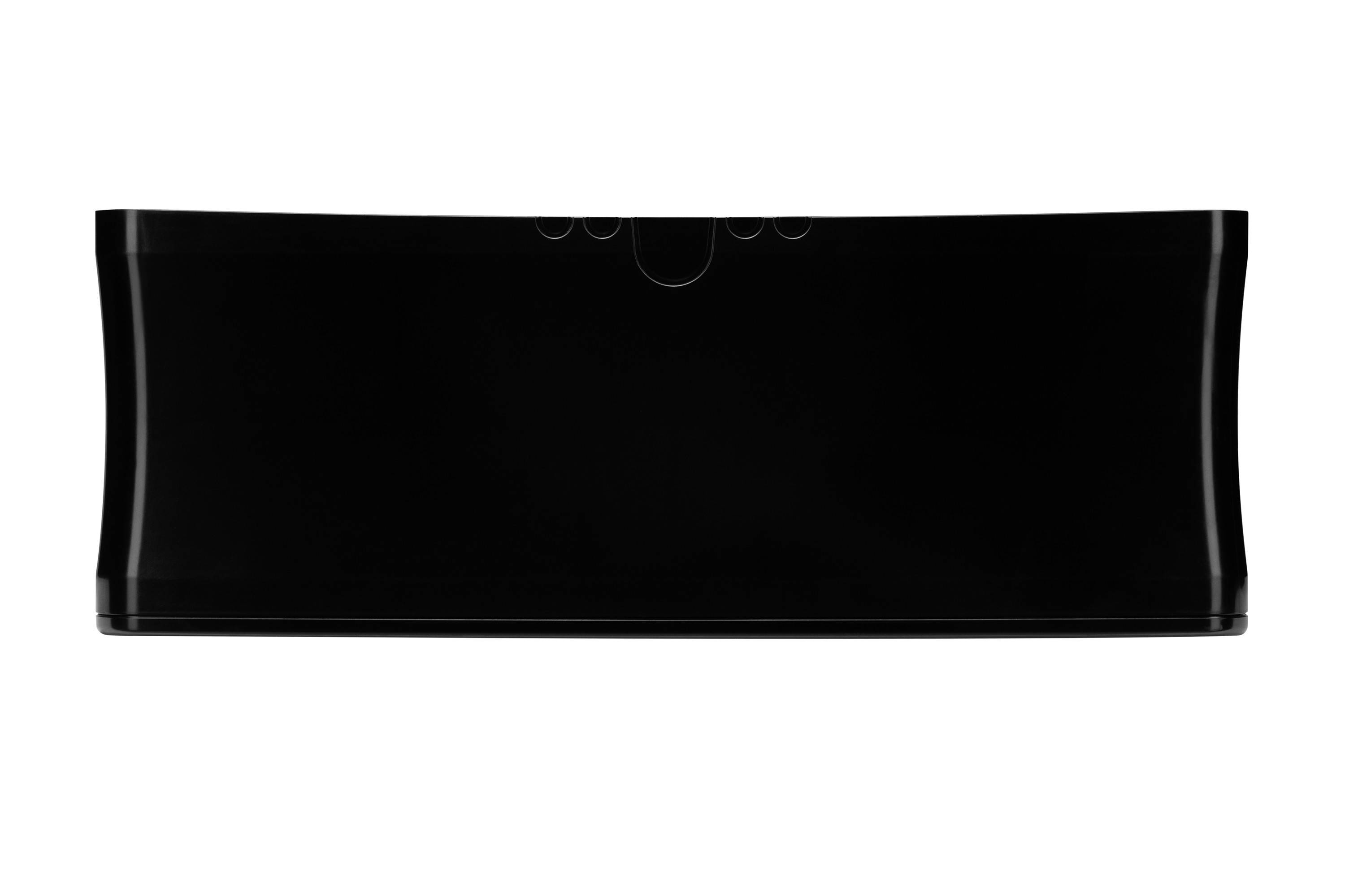 Ein schlichtes, langes, schwarzes Objekt mit einem gebogenen Design, ohne erkennbare Details oder Funktionen, vor weißem Hintergrund.