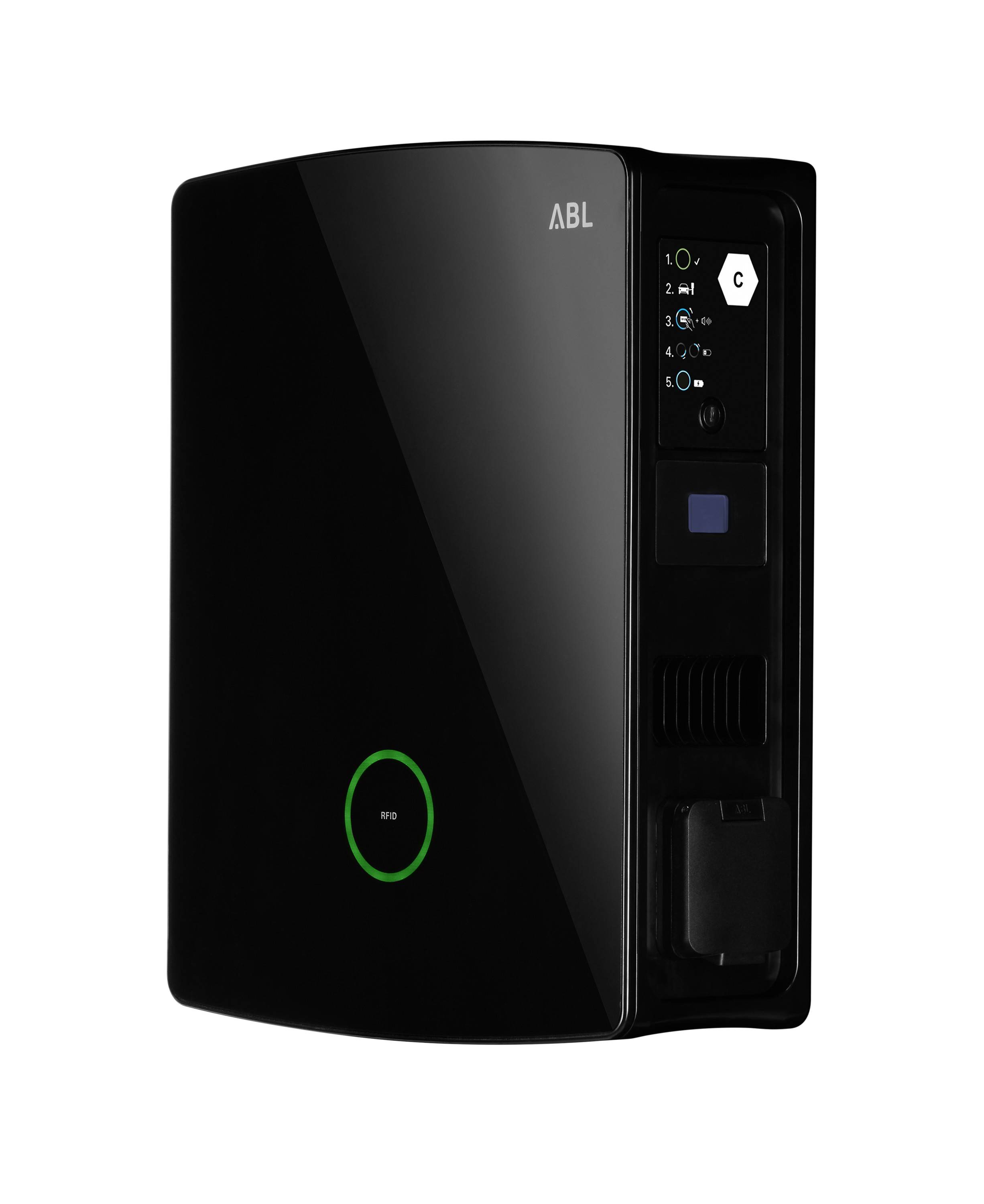 Eine schwarze ABL-Wallbox für Elektroautos, mit grünem LED-Ring und Display für Ladezustand und Einstellungen. Geeignet für Wandmontage.