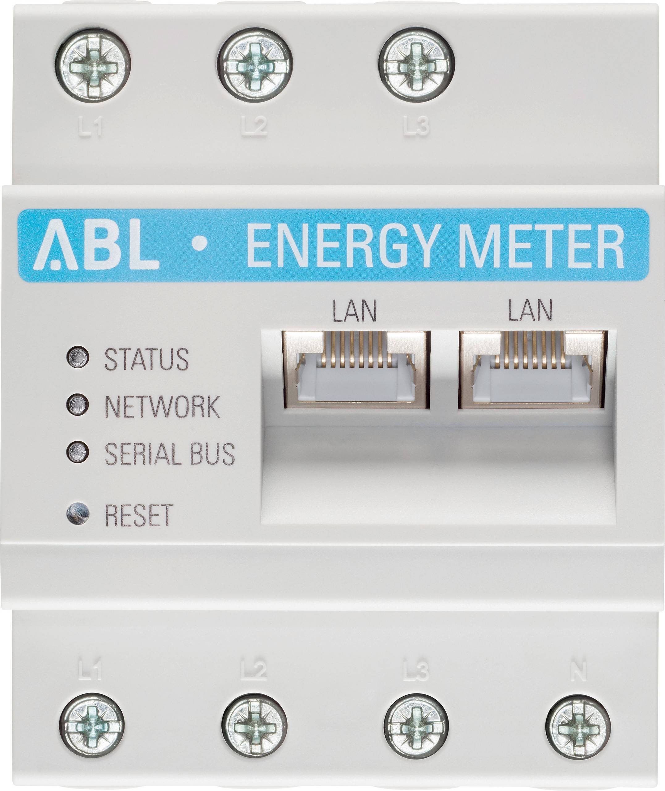 'ABL Energy Meter' mit Statusanzeigen und zwei LAN-Anschlüssen zur Überwachung des Energieverbrauchs.