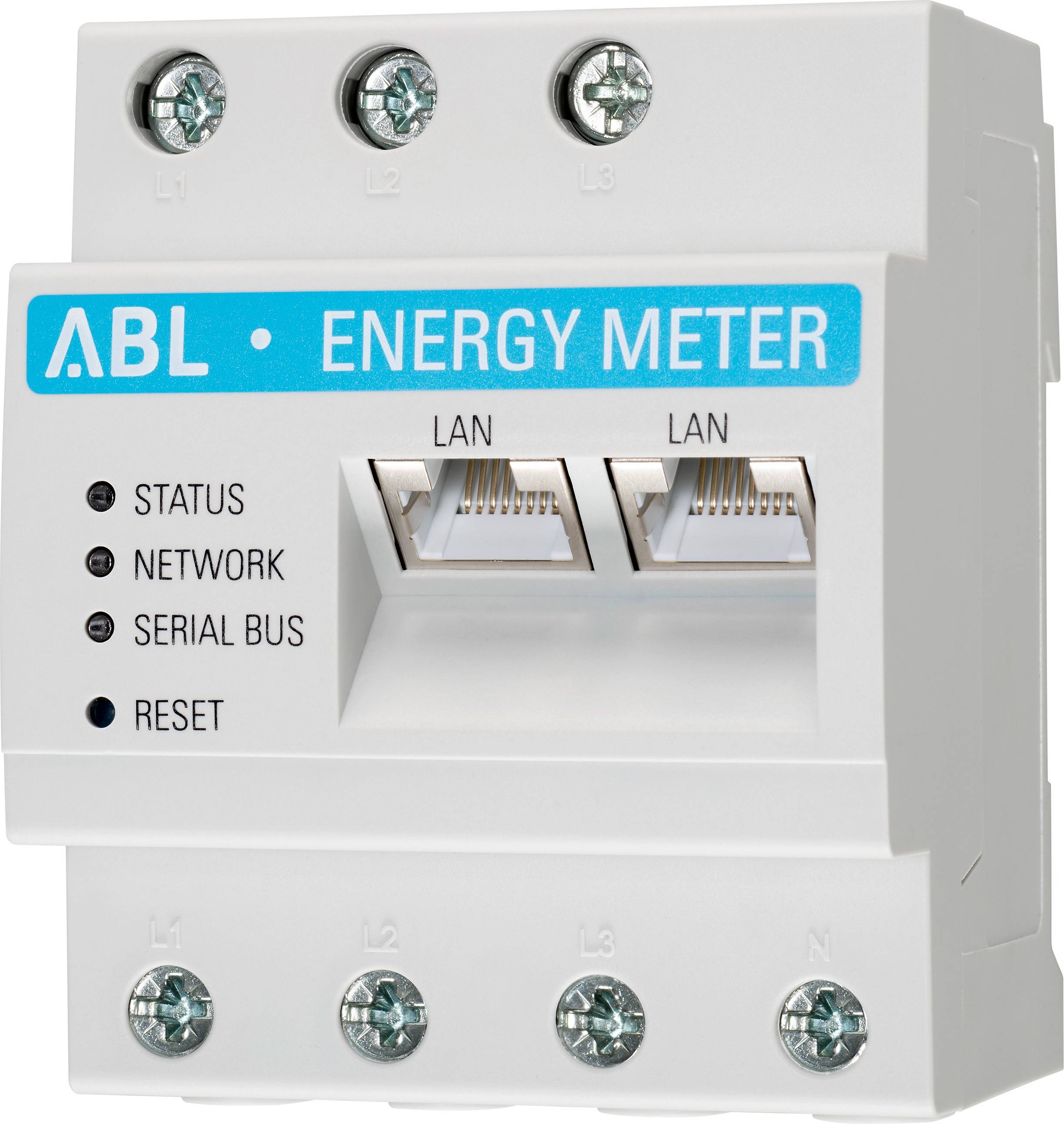 'ABL Energy Meter' mit LAN-Anschlüssen, Anzeige für Status, Netzwerk, und seriellen Bus, plus Reset-Knopf.