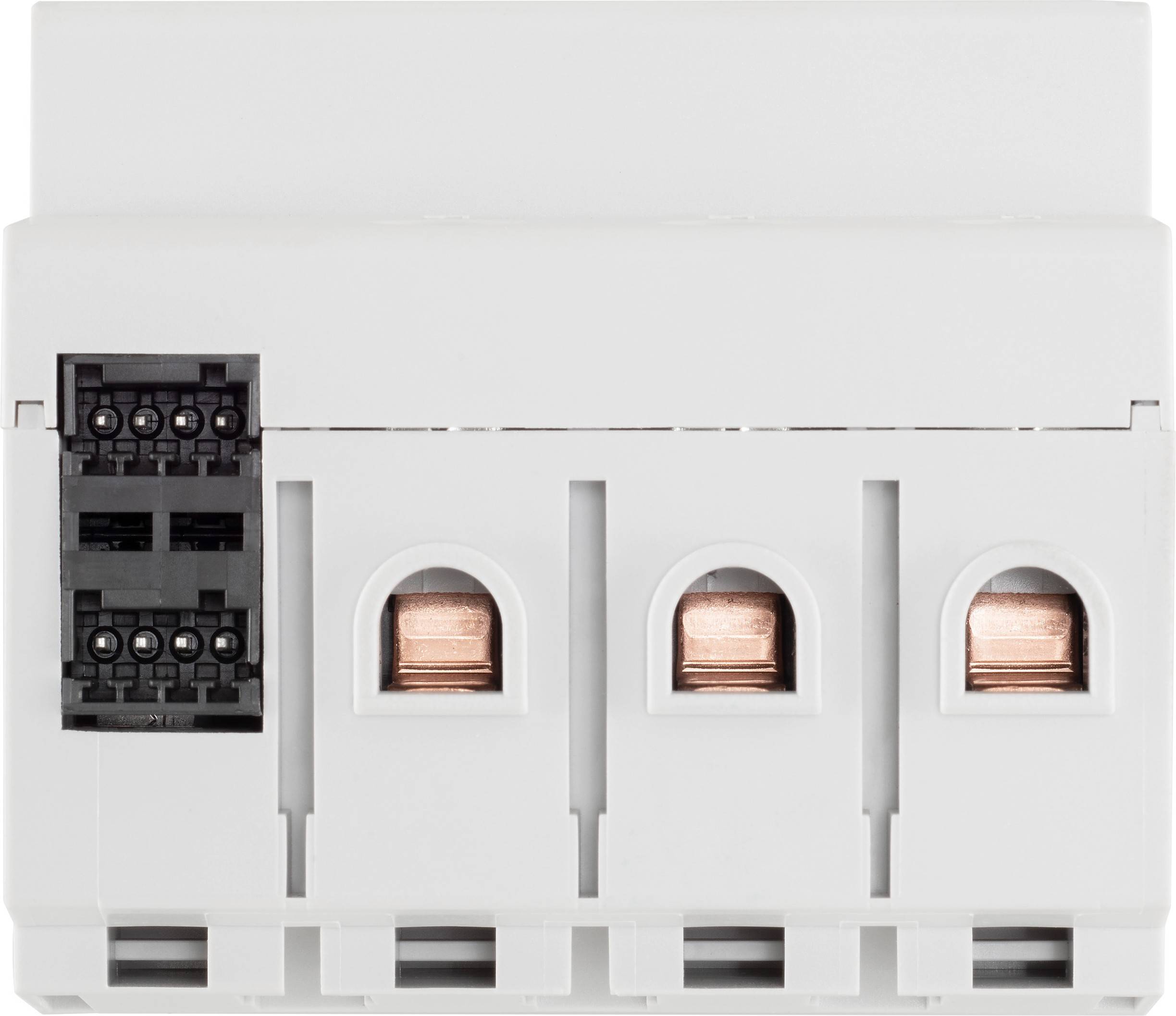 Ein elektrischer Verteilerblock mit drei Kupferanschlüssen und einer schwarzen Klemmleiste links. Verwendbar zur Stromverteilung.